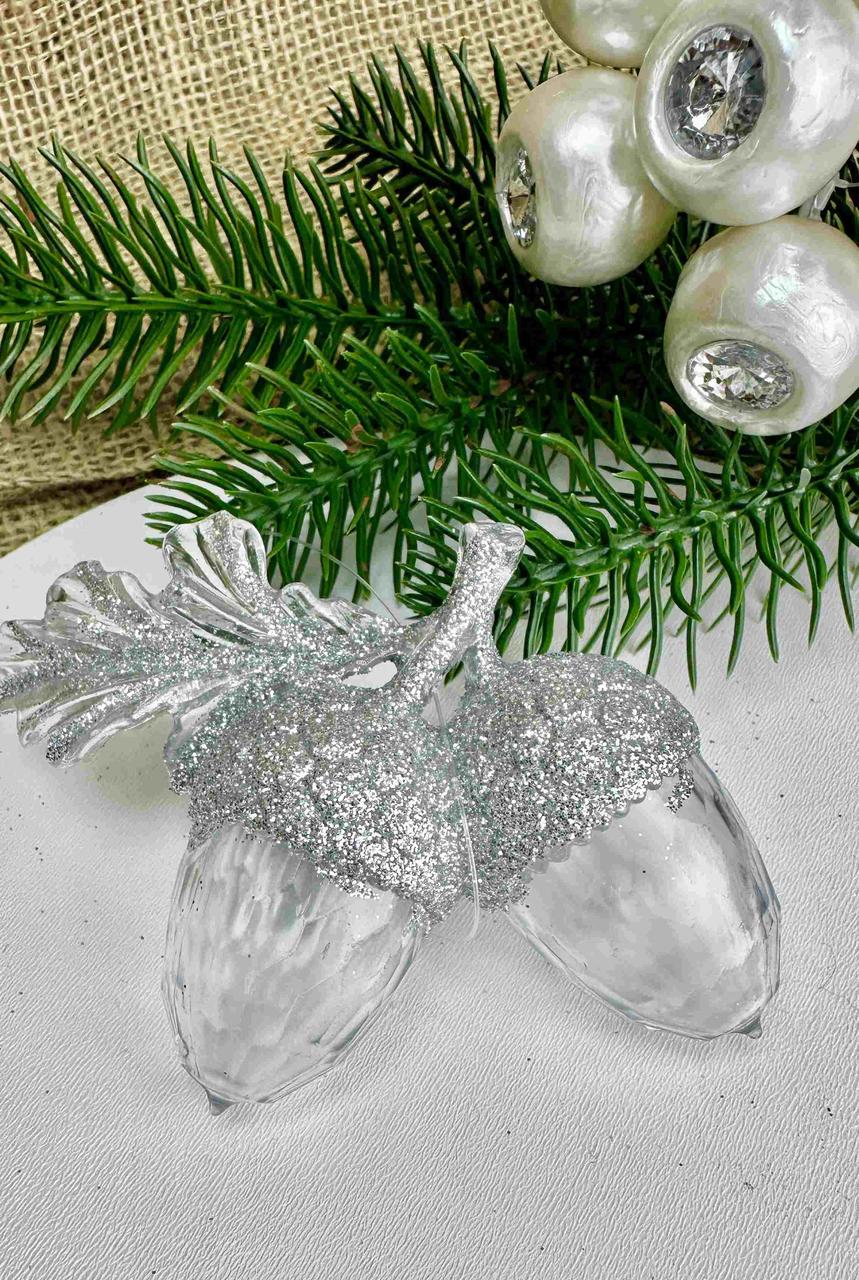 Підвіска жолудь штучний подвійний в глітері 7 х 10см, прозорий з срібними шапками, за 1 шт 10793, фото 1