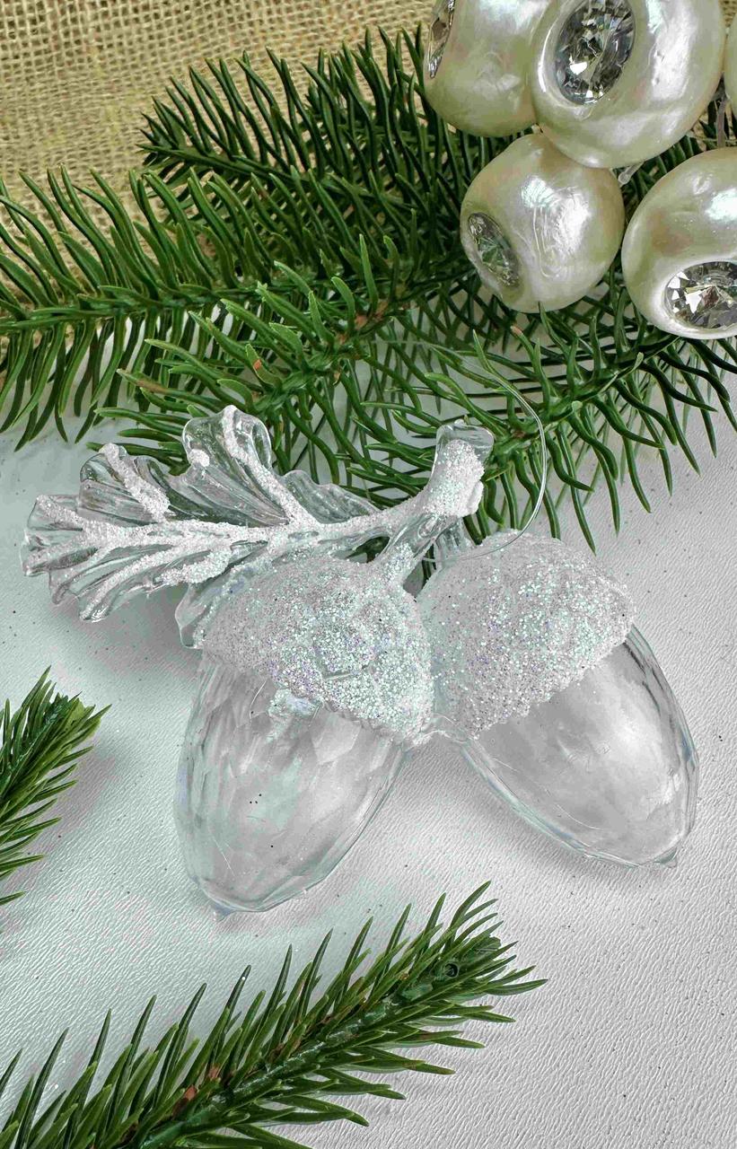 Підвіска жолудь штучний подвійний в глітері 7 х 10см, прозорий з білими шапками, за 1 шт 10794, фото 1