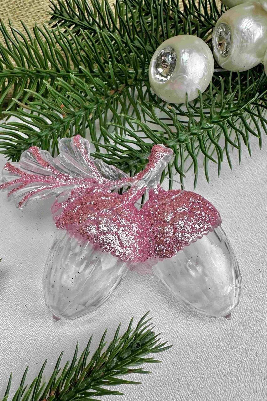 Підвіска жолудь штучний подвійний в глітері 7 х 10см, прозорий з рожевими шапками, за 1 шт 10795, фото 1