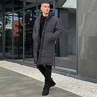 Парка зимова чоловіча куртка подовжена тепла з капюшоном Pobedov Legas темно-сіра