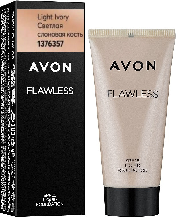 Уцінка! До 11/23. Тональний крем Light Ivory Світла Слонова Кістка, Бездоганний тон Avon Flawless SPF15, 30 мл