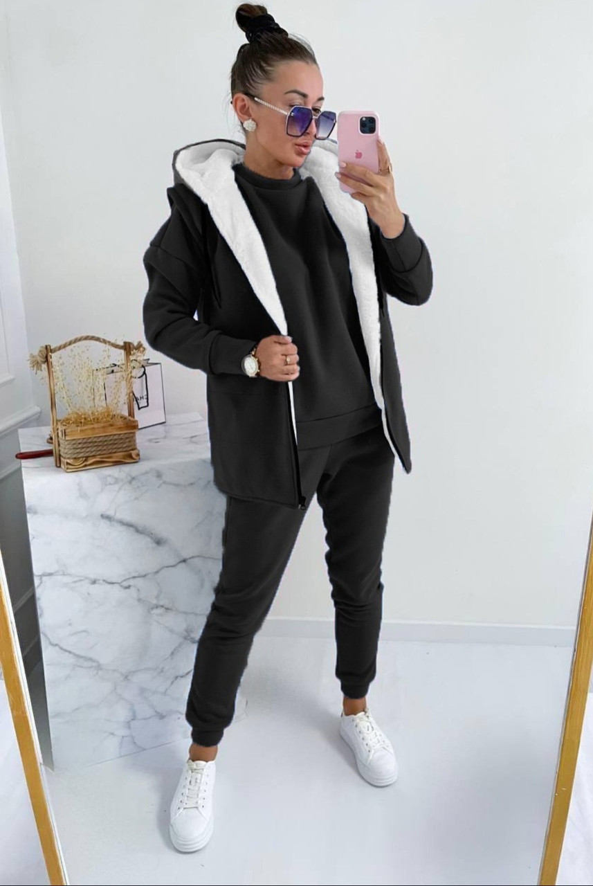 Останній розмір! Модний зручний теплий жіночий костюм-трійка батал чорний, фото 1