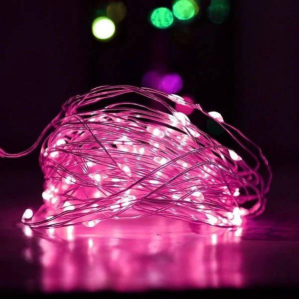 Гірлянда на батарейках + USB 20m 200 led Рожева 7296