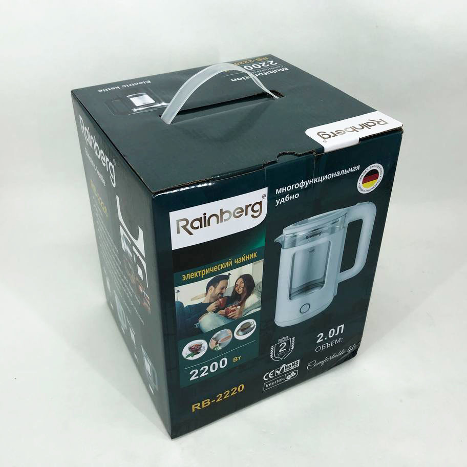 Скляний електрочайник з led підсвічуванням Rainberg RB-2220 2200 Вт 2 л, FA-168 Безшумний чайник