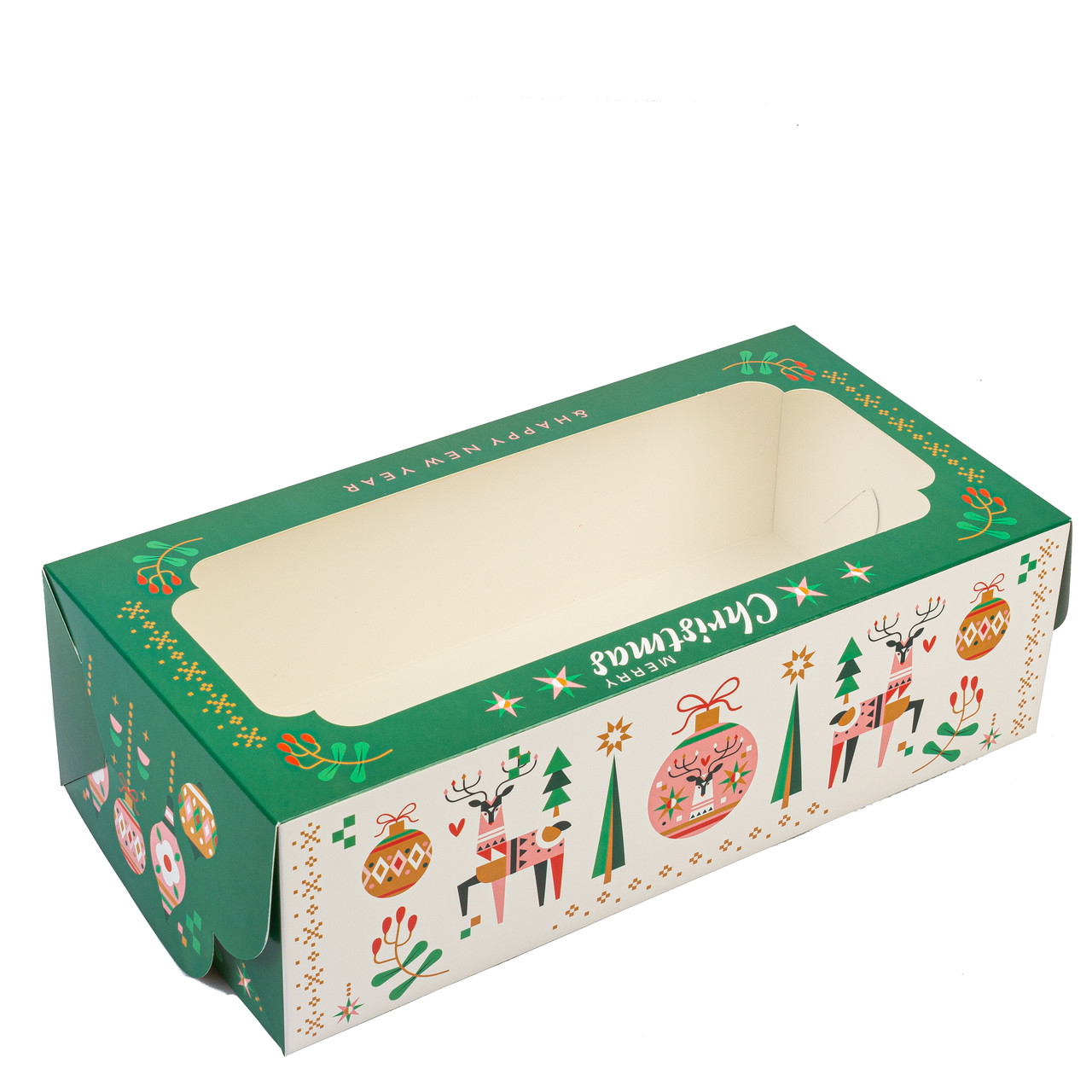 Коробка 300х150х90 для рулету з вікном "Новорічні олені", фото 1