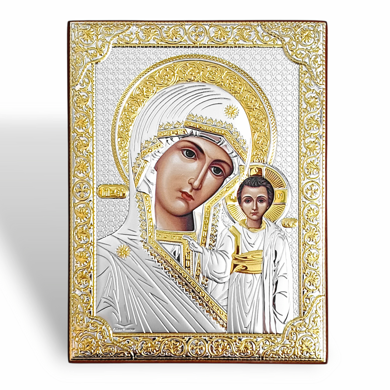 Срібна ікона 12х16 см "Казанська" Божа Матір на дереві з Греції. Срібло 925°, позолота.