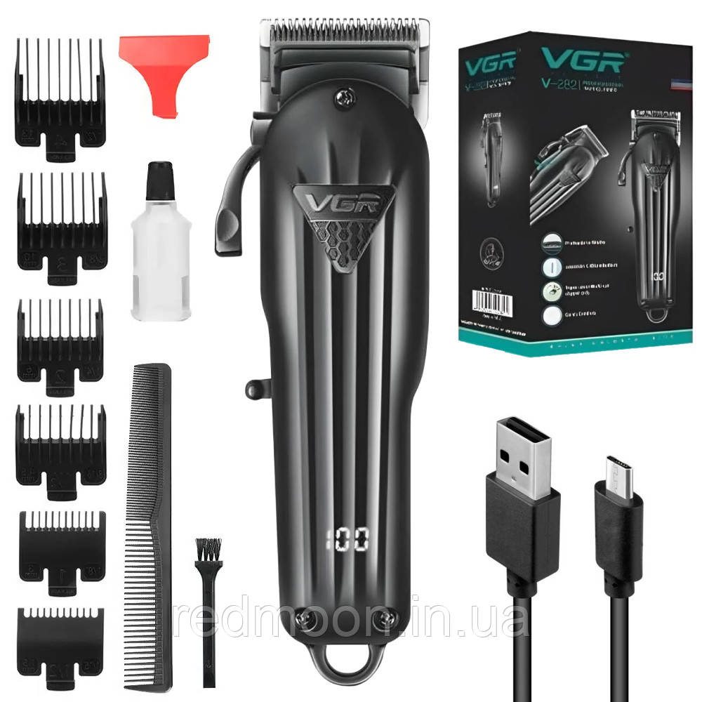 Акумуляторна машинка для стрижки волосся з 6 насадками, з USB, VGR V-282 / Бездротовий тример для стрижки, фото 1