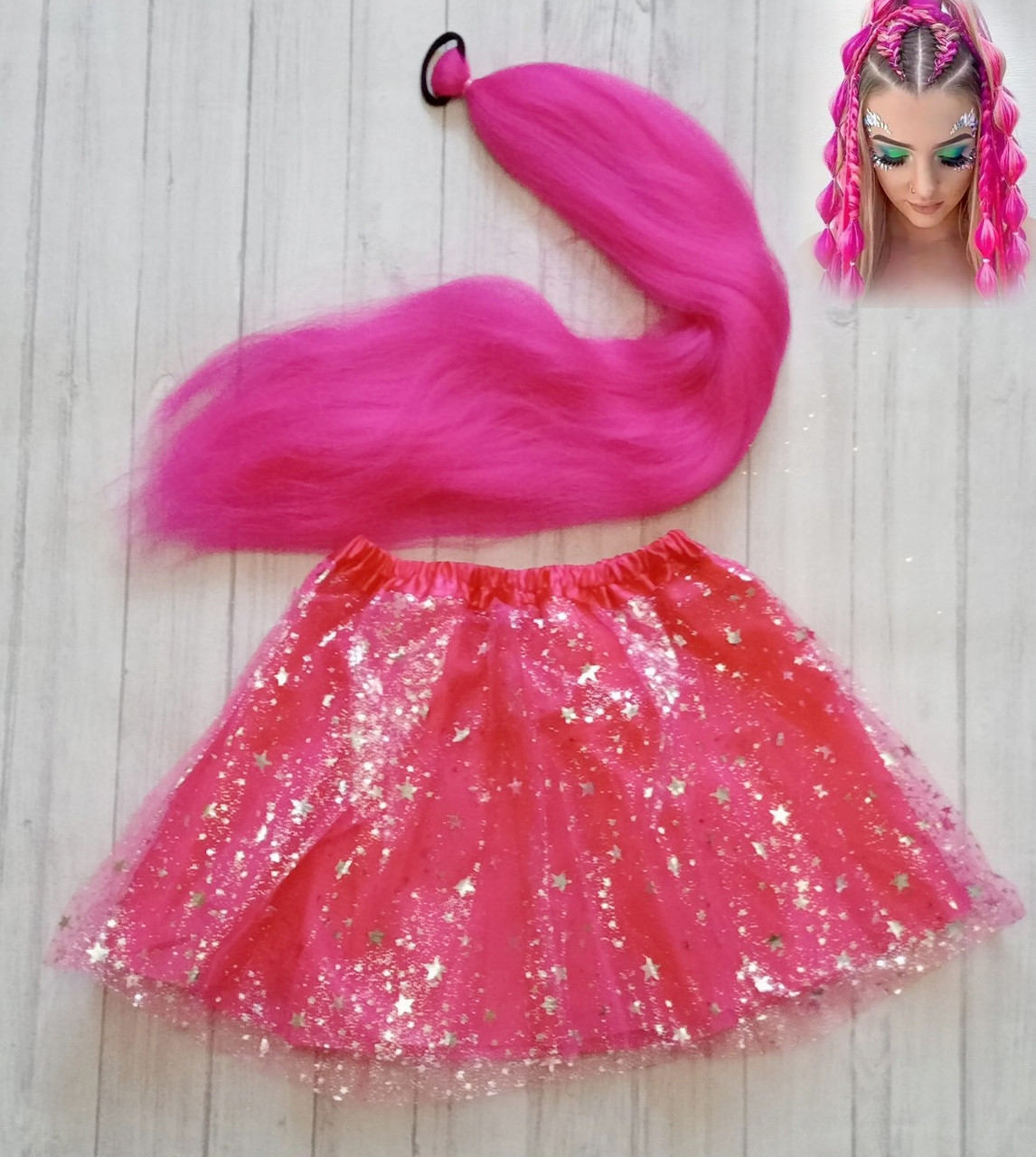 Карнавальний костюм для дівчинки спідниця та Канекалон ( волосся рожеве), фото 1