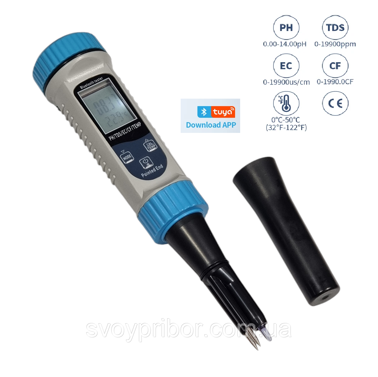 PH/TDS/ЕС/CF/Temp метр BT-811 5в1 (cмарт bluetooth, для почвы, фруктов, овощей, мяса, сыра и др.), фото 1