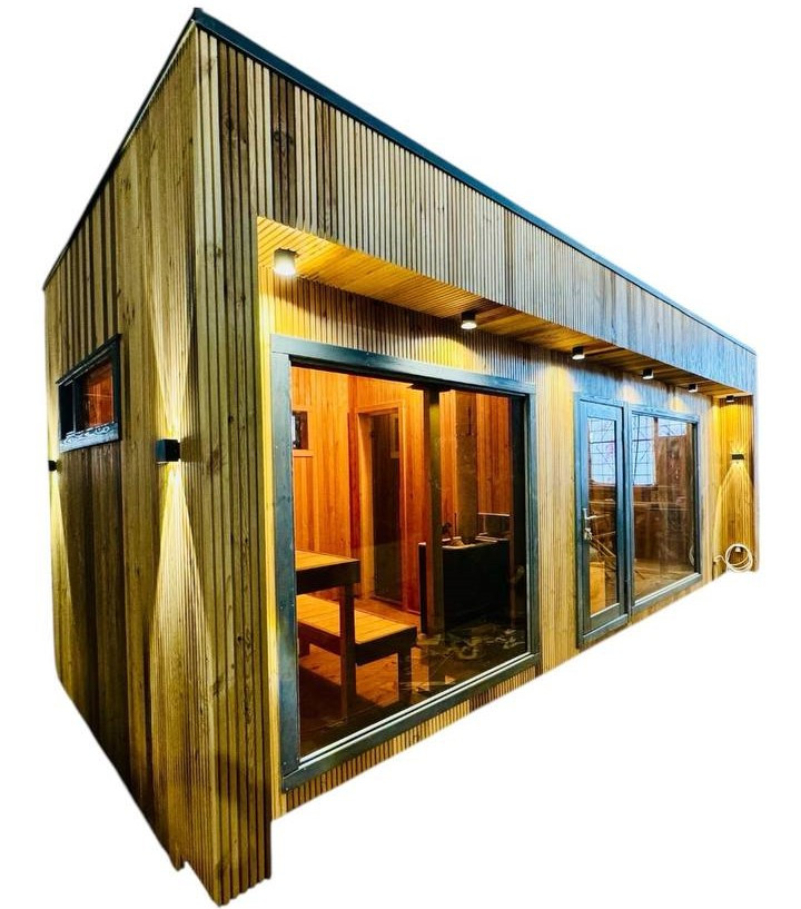 Мобільна сауна 7,0х2,7м Gartensauna-38 з панорамними вікнами з термодерева від Thermowood Production