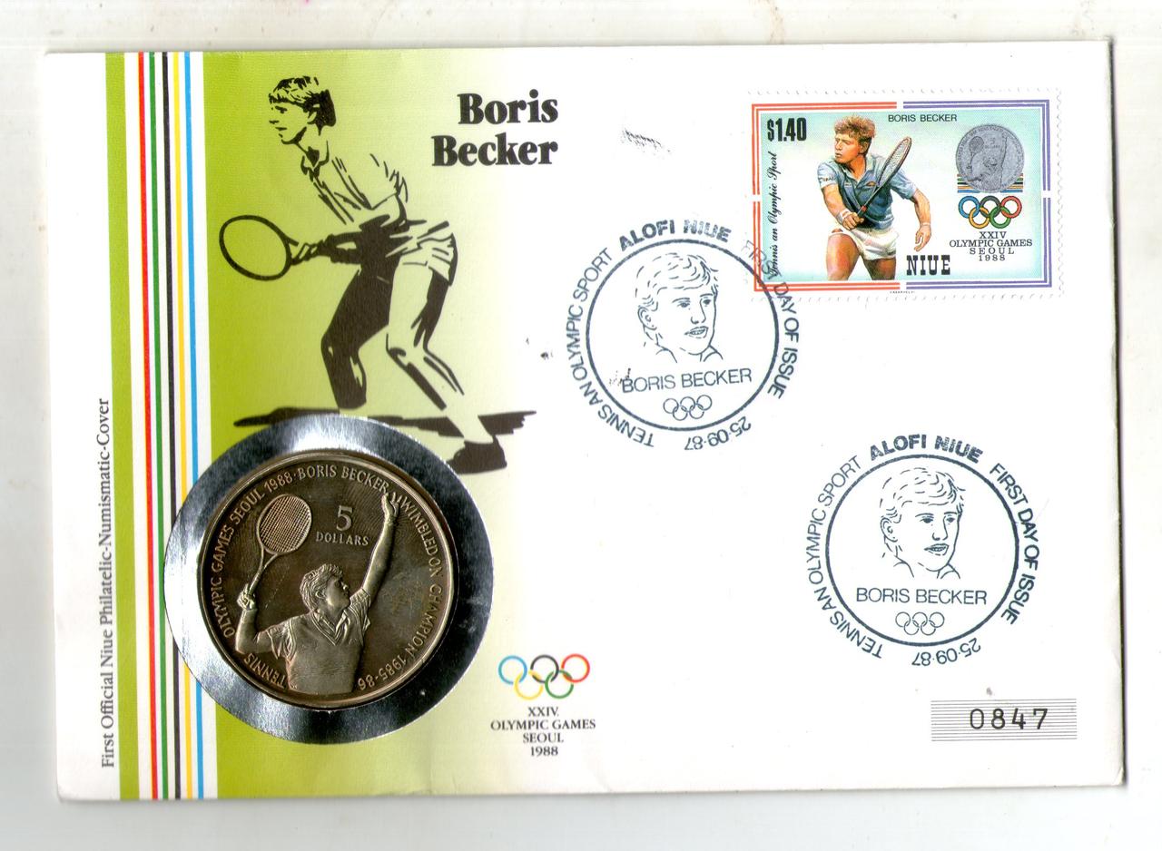 Ніуе › Королева Єлизавета II 5 доларів, 1987 XXIV Літні Олімпійські ігри, Сеул 1988 - Теніс, Борис Беккер