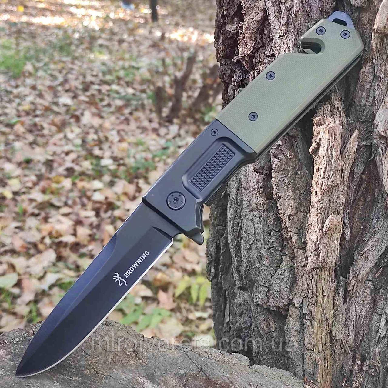 Ніж складний інерційний Browning, склобій, G10 олива, чорний