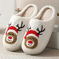 Тапки комнатные махровые Олень Новый Год Молочные 38 р Домашние теплые тапочки Новогодние комнатные тапки 24.5