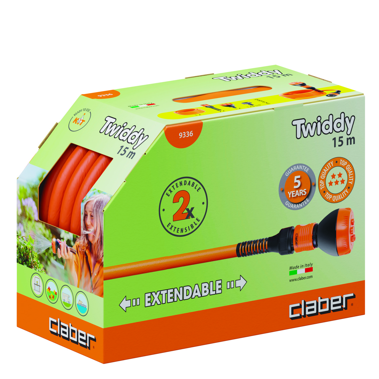 Claber Шланг поливальний пружинний 1/2" TWIDDY 15м, з конекторами і розпилювачем