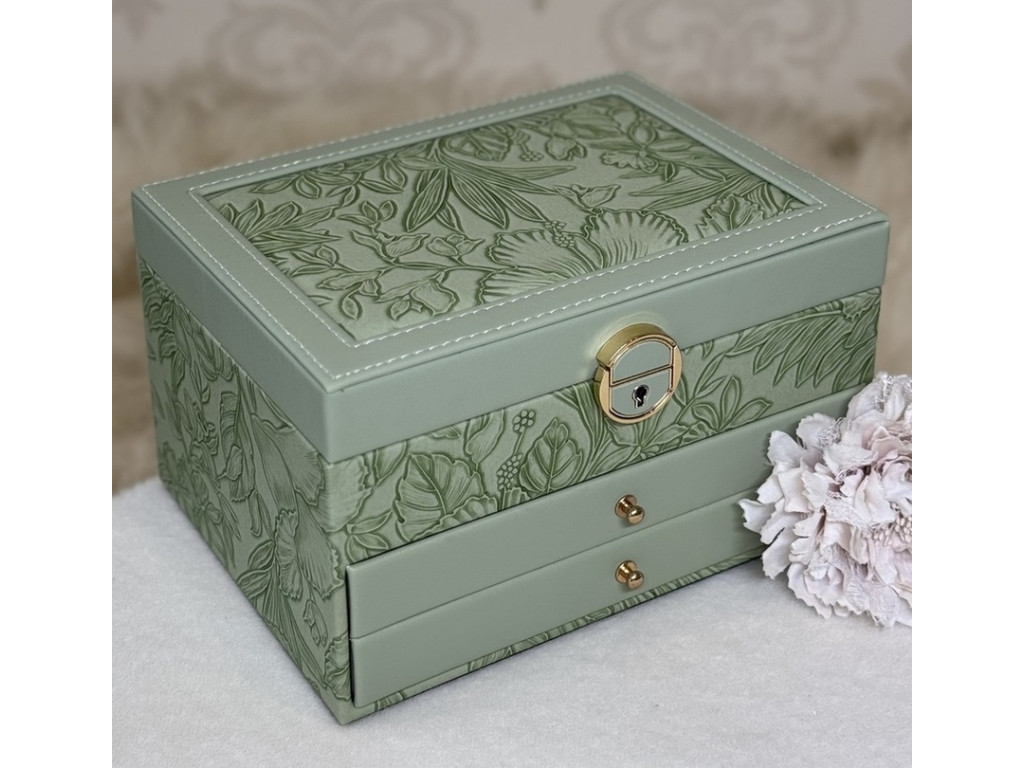 💖Багатоярусна скринька зі шкірозамінника з квітковим дизайном, органайзер для прикрас на замочку, фото 1