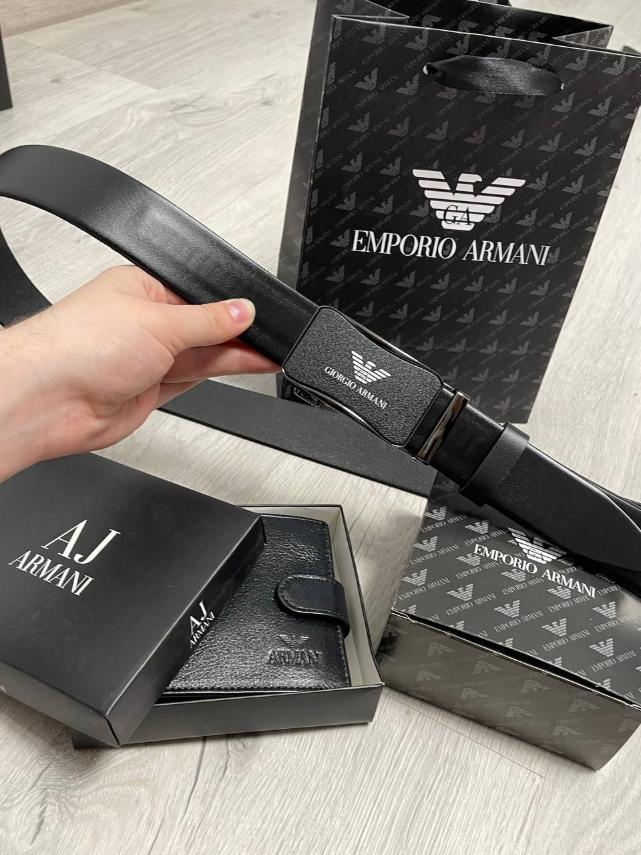 Набір: чоловічий брендовий ремінь-автомат, гаманець, пакет, Giorgio Armani, 930521