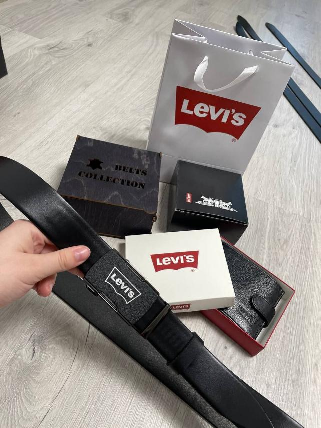 Набір: чоловічий брендовий ремінь-автомат, гаманець, пакет, Levi's, 930524