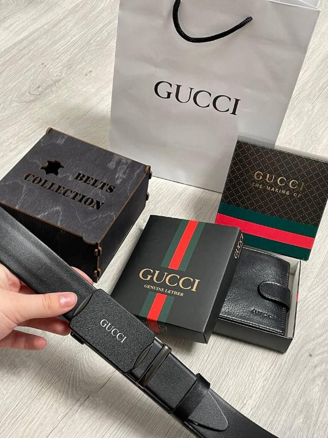 Набір: чоловічий брендовий ремінь-автомат, гаманець, пакет, Gucci, 930525