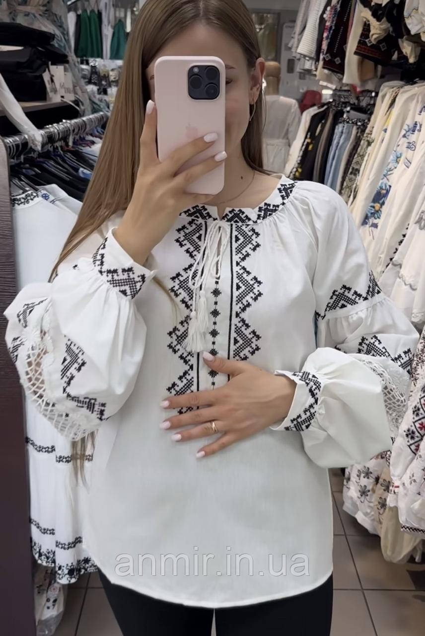 Блузка-вишиванка жіноча рукав на манжеті льон норма 42-46, білого кольору
