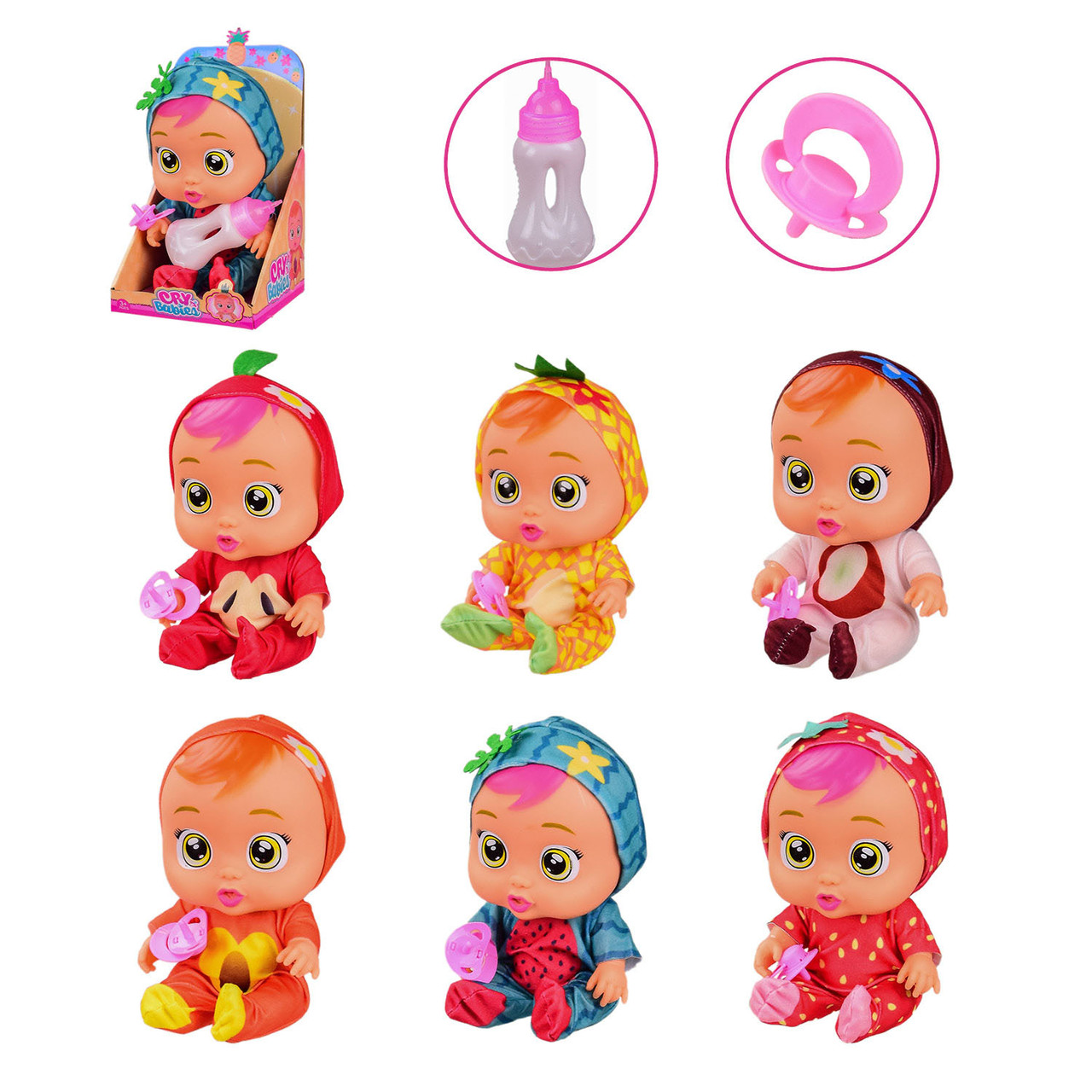 Пупс функціональний Cry Babies (6 видів, висота 26см, пляшечка, соска, звук, на батарейках) 8372