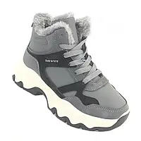 Кросівки зимові жіночі сірі матові на високій підошві на шнурівці на хутрі розмір-38