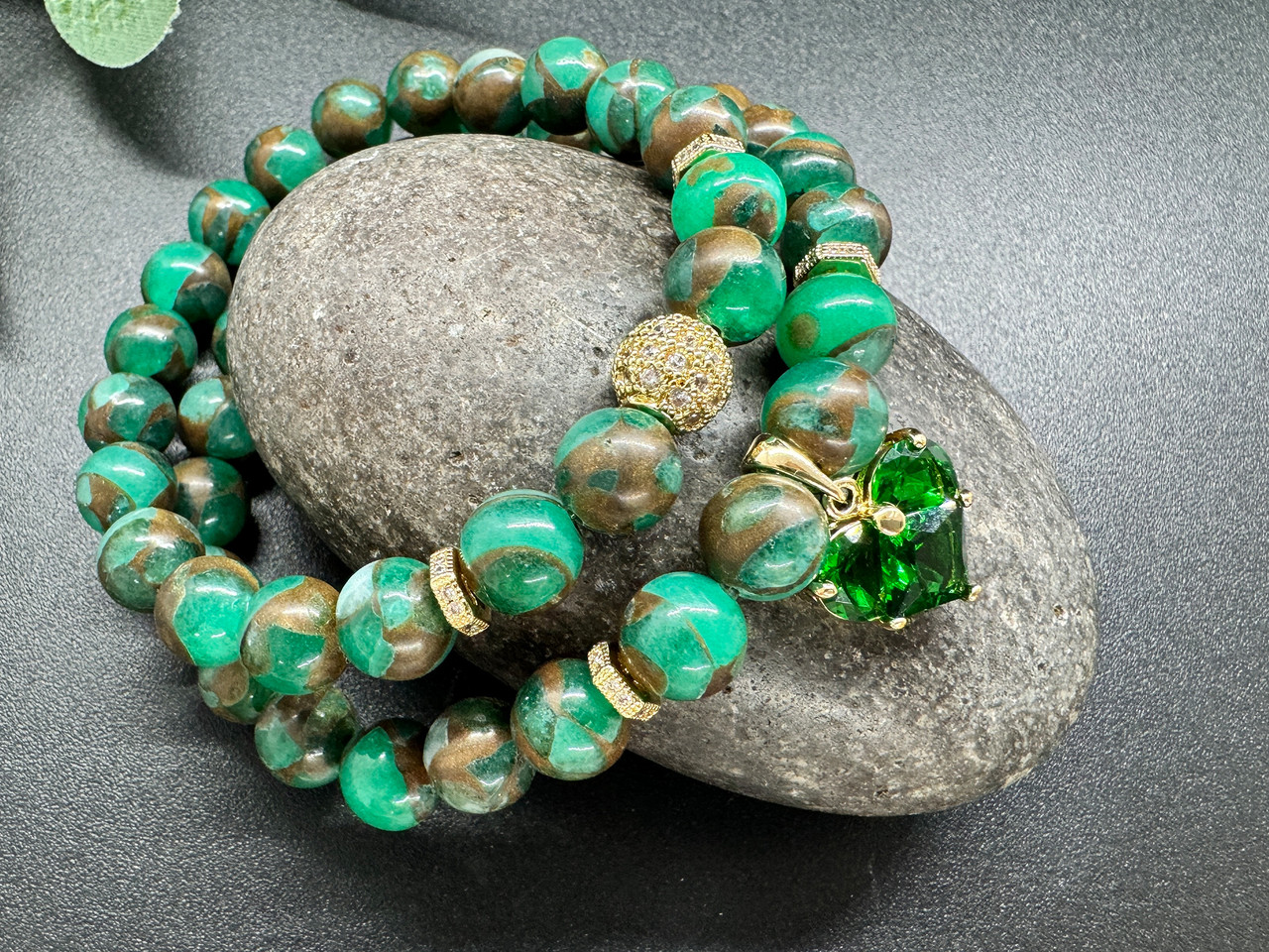 Deep Green Heart з халцедона — сет 2 браслетів
