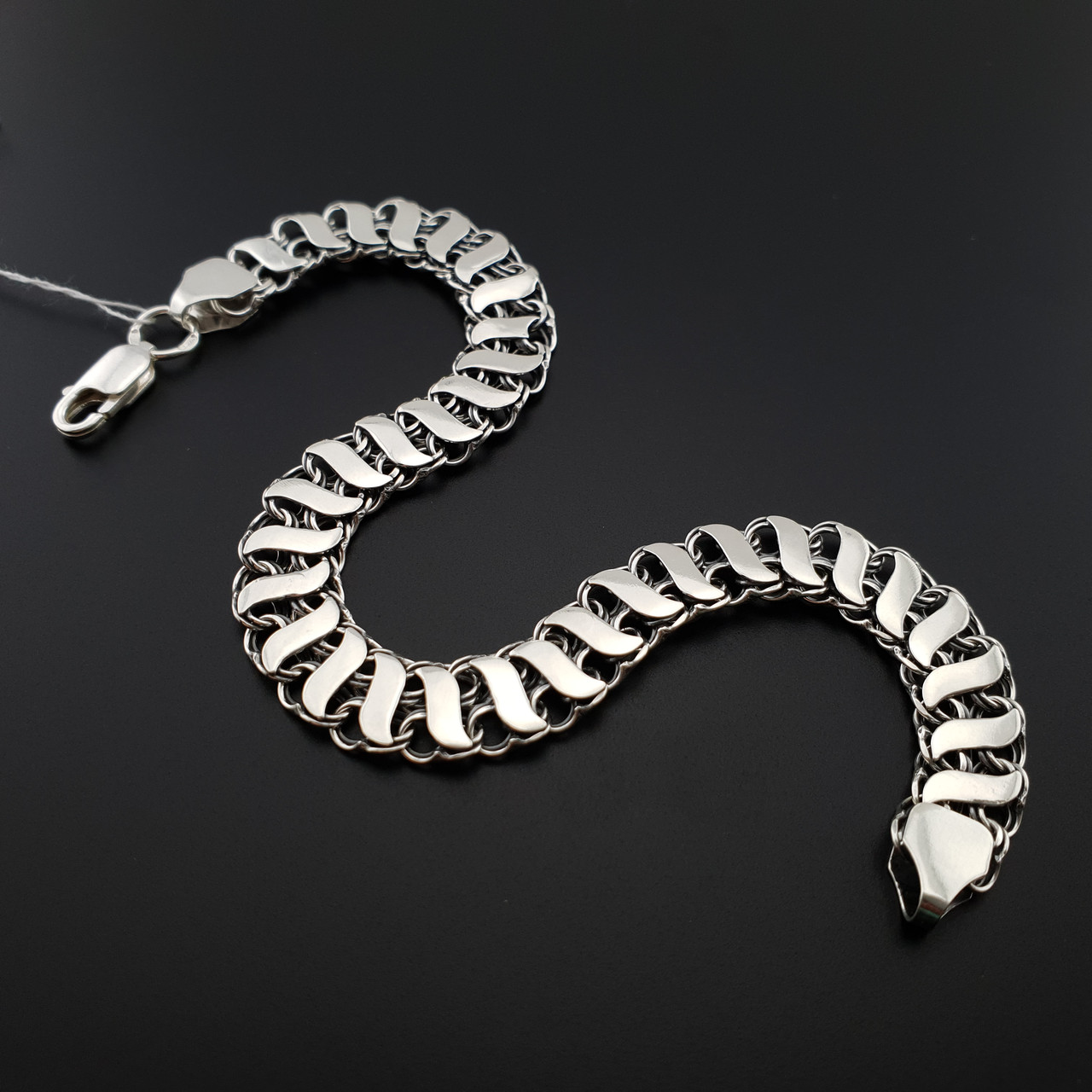 Браслет бісмарк подвійний з чорненого срібла 925 проби. Широкий срібний браслет чоловічий з накладками. 19 см, фото 1