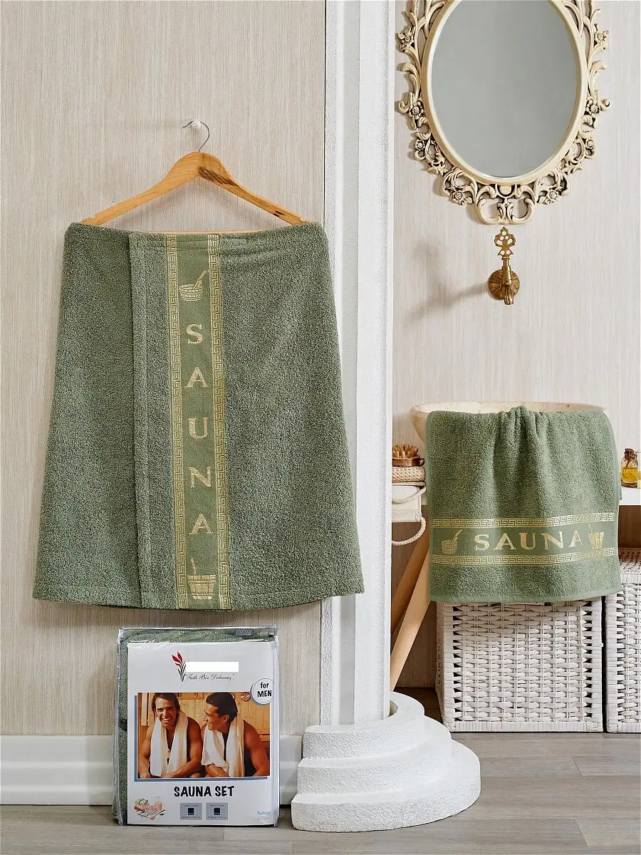 Набір для бані чоловічий Sauna подарунковий 100% хлопок хакі, фото 1