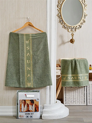 Набір для бані чоловічий Sauna подарунковий 100% хлопок хакі