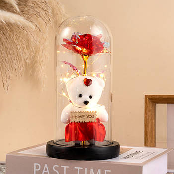 Подарунок дівчині Роза в колбі з ведмедиком 21х11см, A-3 / Нічник вічна троянда / Квітка в колбі