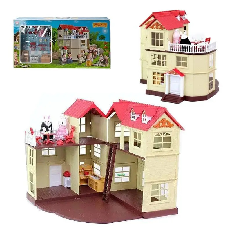 Розкішна розкладна триповерхова вілла будиночок для зайчиків молодят висотою 8 см підсвічування меблі посуд, фото 1