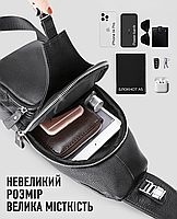 Чоловічий сумка слінг через одне плече 17х32х7 / бананка з натуральної шкіри / нагрудний рюкзак / чорний, фото 7