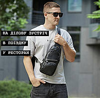 Чоловічий сумка слінг через одне плече 17х32х7 / бананка з натуральної шкіри / нагрудний рюкзак / чорний, фото 8