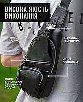 Чоловічий сумка слінг через одне плече 17х32х7 / бананка з натуральної шкіри / нагрудний рюкзак / чорний, фото 6