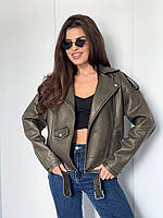Жіноча крута куртка з якісної еко шкіри на підкладці кольору хакі