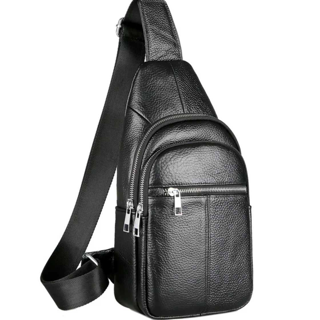 Чоловічий шкіряний слінг 18х32х7 / нагрудна бананка / рюкзак сумка через плече / чорна, фото 1
