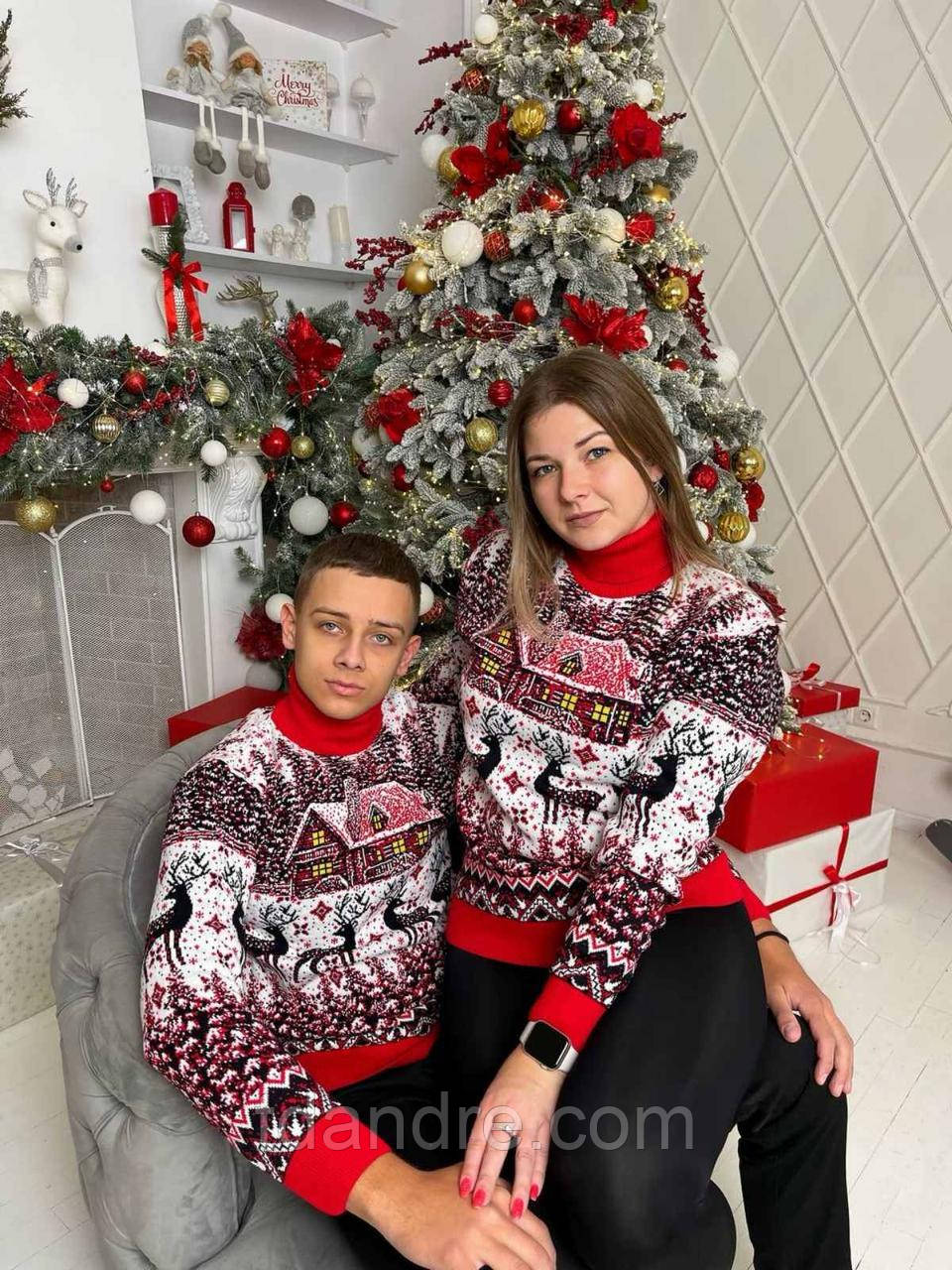 Новорічні парні светри з горлом "Домік", фото 1