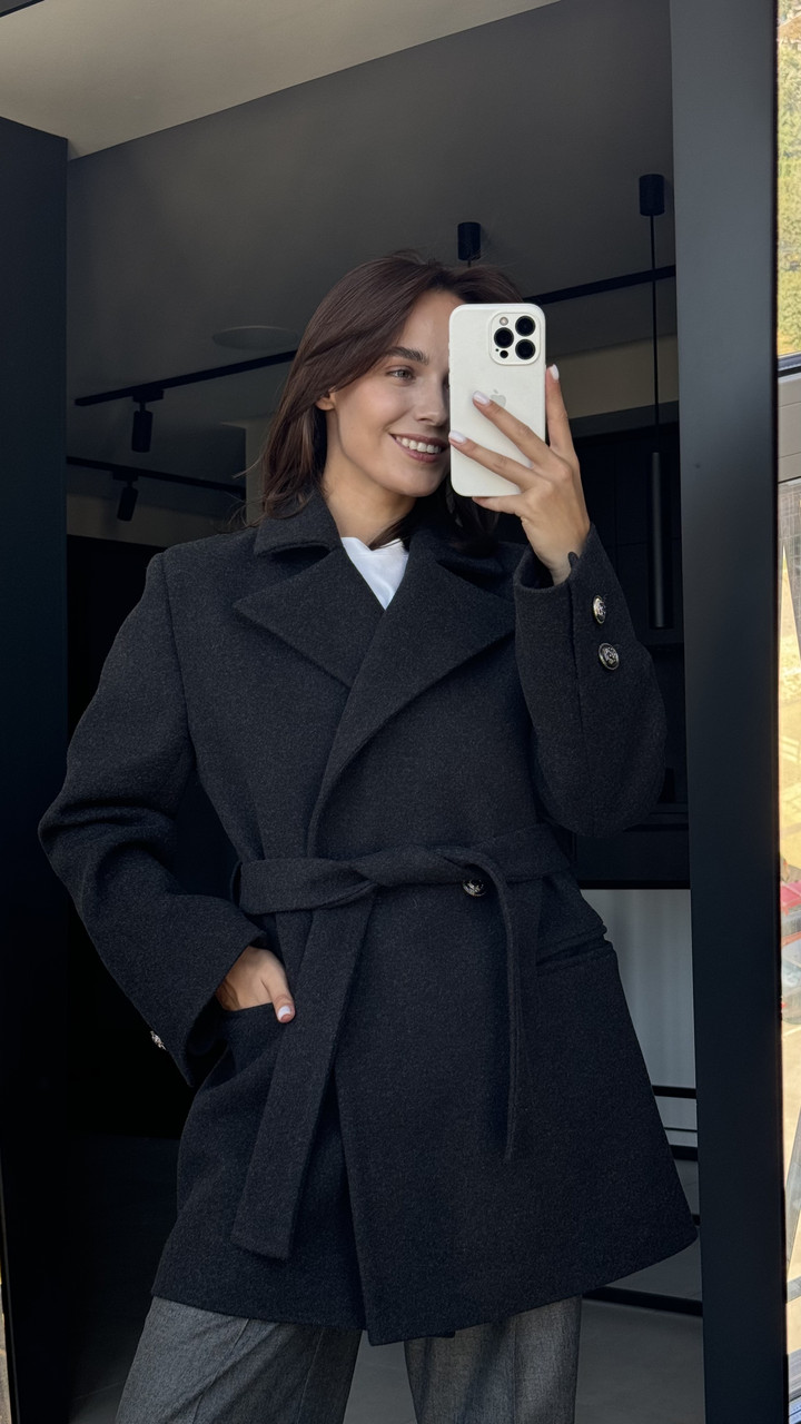 Пальто жіноче демі коротке двобортне вовняне з поясом Англія чорне, фото 1