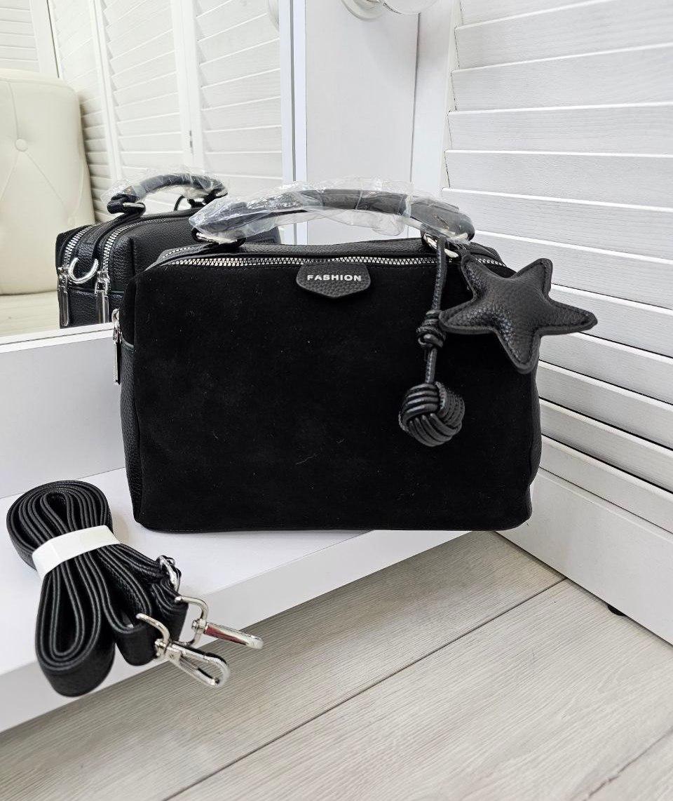 Жіноча чорна сумка невелика сумочка натуральна замша+екошкіра, фото 1