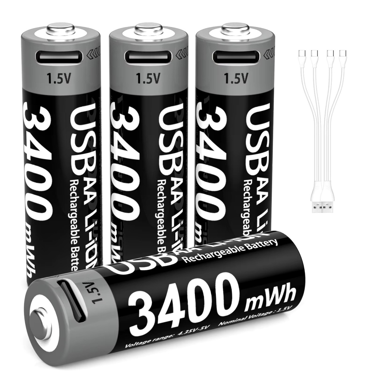 Акумуляторні батарейки AA 3400mWh з роз'ємом Type-C (Комплект 4 шт. з ...
