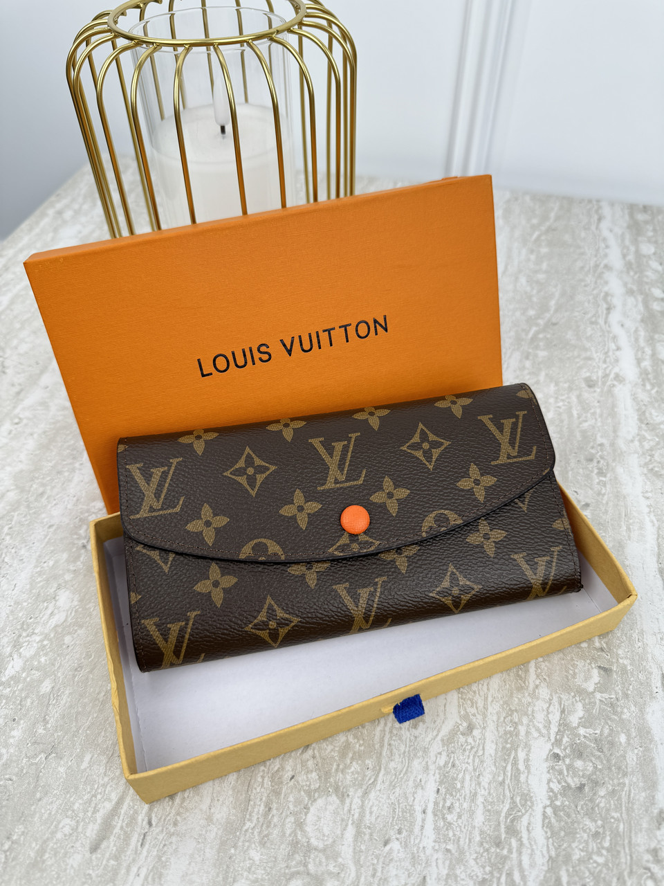 Жіночий гаманець Louis Vuitton коричневий + жовтогарячий великий конверт Луї Віттон