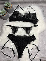 Кружевний ажурний комплект жіночої білизни з поясом та підв'язками L Чорний (0012/6)