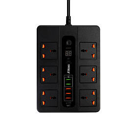 Мережевий фільтр BKL-11 з функцією таймера на 6 розеток 10А 250V + 1 PD20W + 1 QC3.0 + 4 USB, чорний