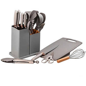 Набір силіконових кухонних речей 19 предметів Сірий Kitchen Set Кухонний набір з дощечкою
