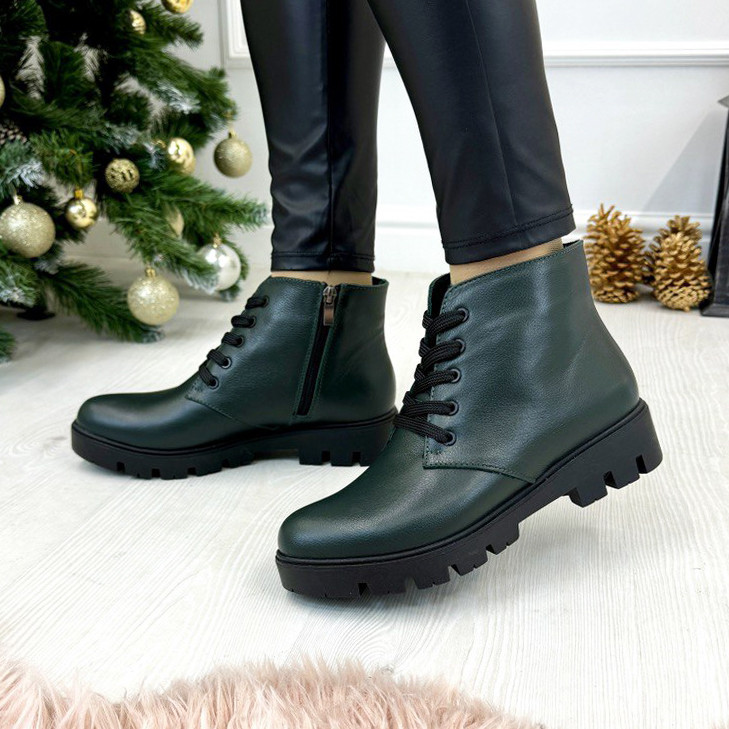 Черевики жіночі зелені шкіряні на шнурівці, потовщена підошва, фото 1