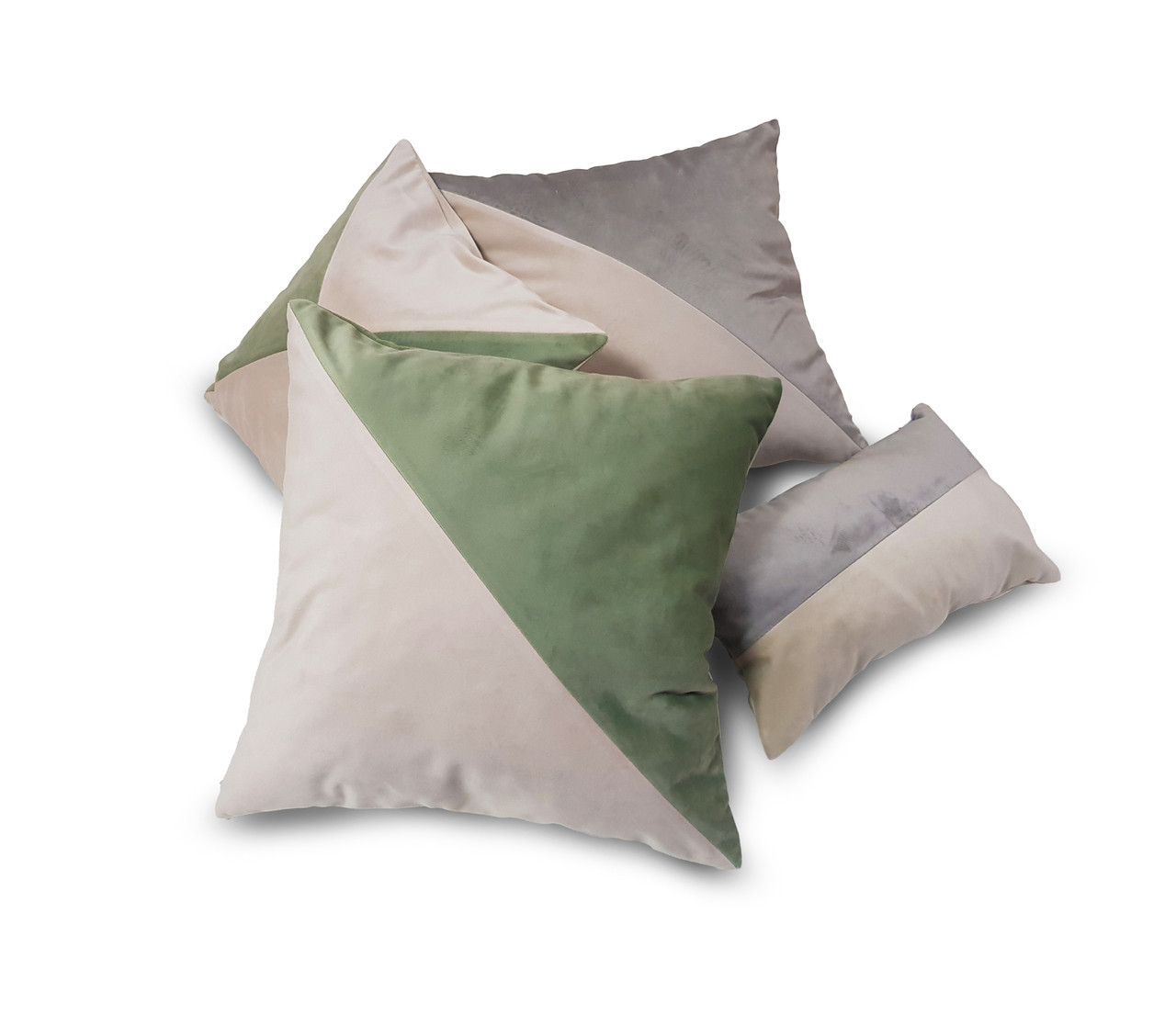 Комплект декоративних подушок Оксамит Firanka 40х40см 2шт 35х35см 1шт 35х20см 1шт сірий оливковий і молочний (п_0195), фото 1