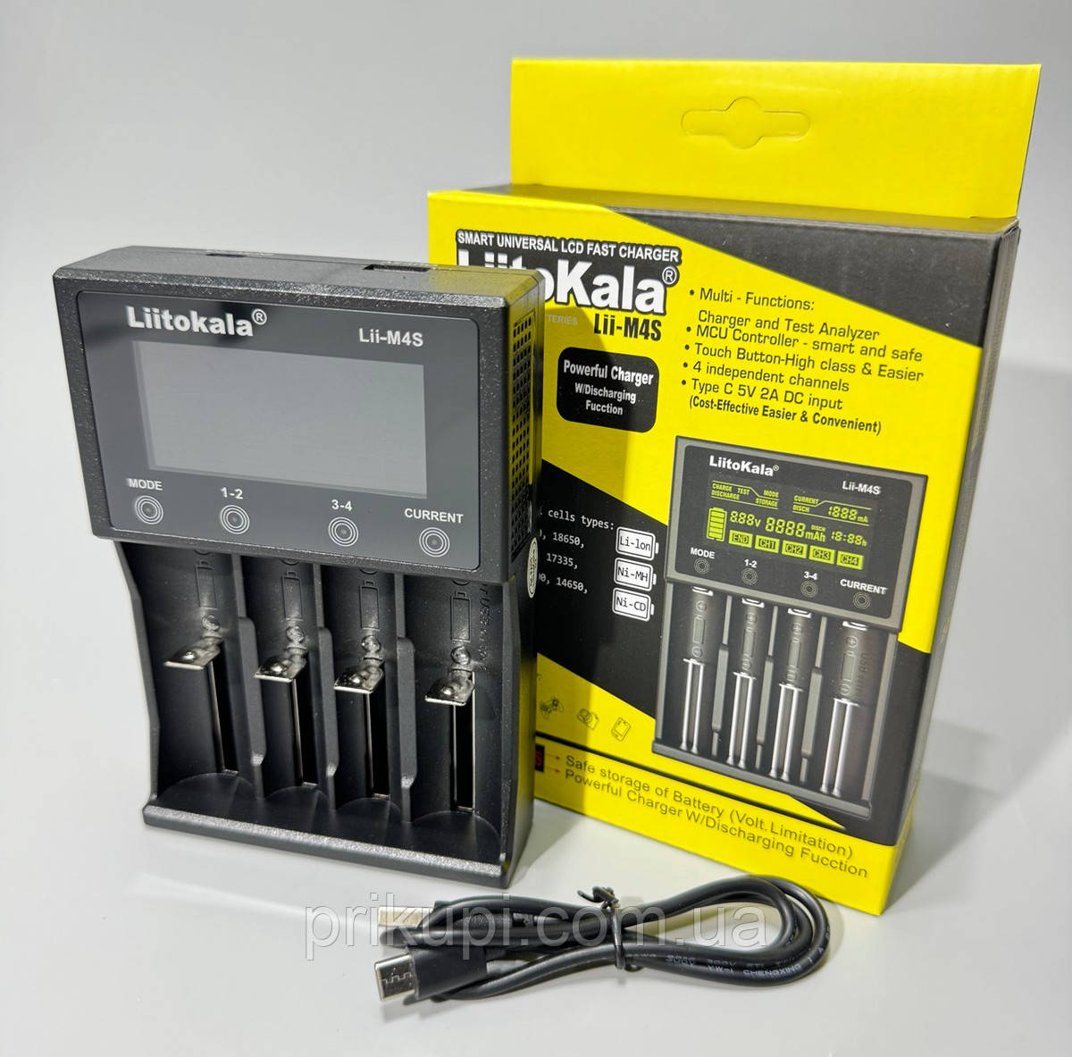 Зарядний пристрій для 4 батарейок з Дисплеєм і PowerBank LiitoKala Lii-M4S, 18650, 14500, 18490, 16340, 26650