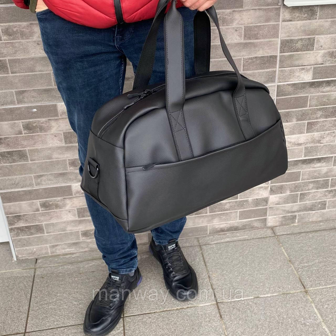 Чоловіча дорожня класична спортивна сумка міська стильна шкіряна надійна чорного кольору
