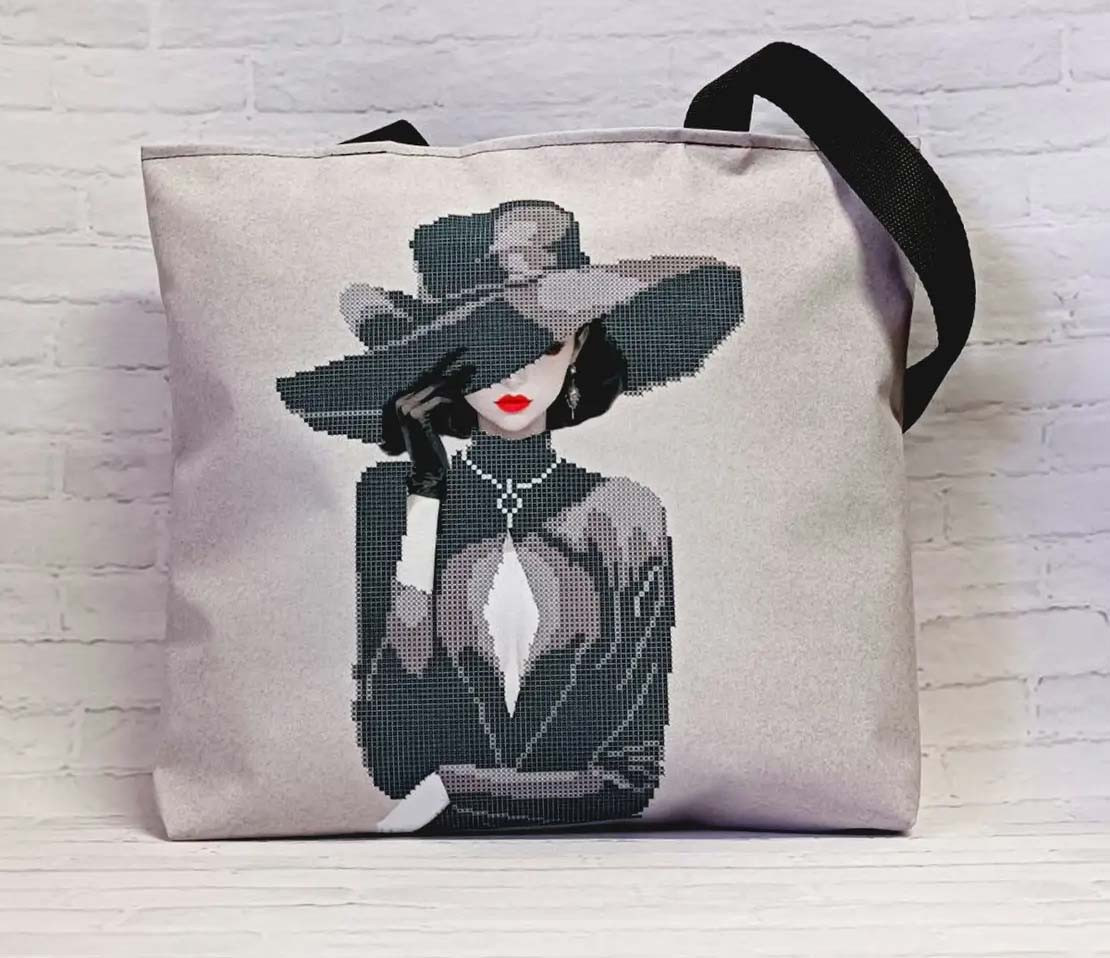 Сумка-шопер для вишивання Дама в шляпі . Сіра, фото 1