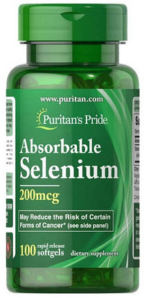 Селен Puritan's Pride Absorbable Selenium 200 mg 100 sgels, фото 1